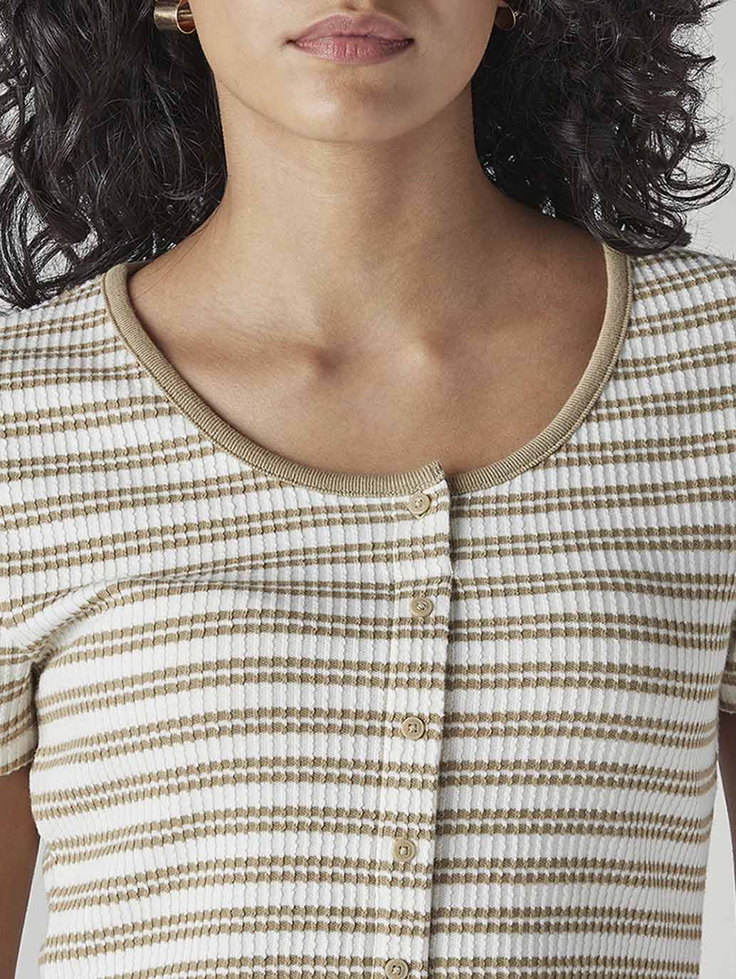 Women's Striped Cream Round Neck Top - Detail View