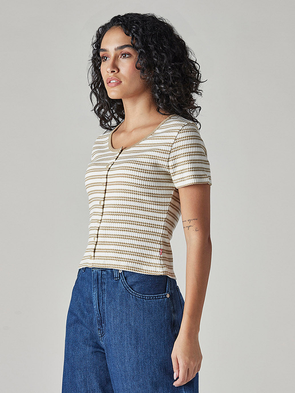 Women's Striped Cream Round Neck Top - Side View