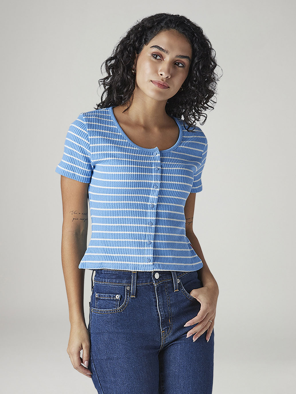 Women's Striped Blue Round Neck Top