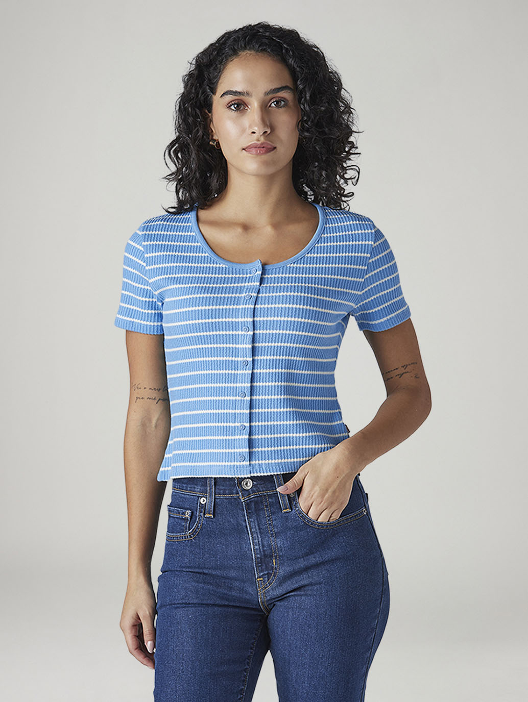 Women's Striped Blue Round Neck Top - Front View