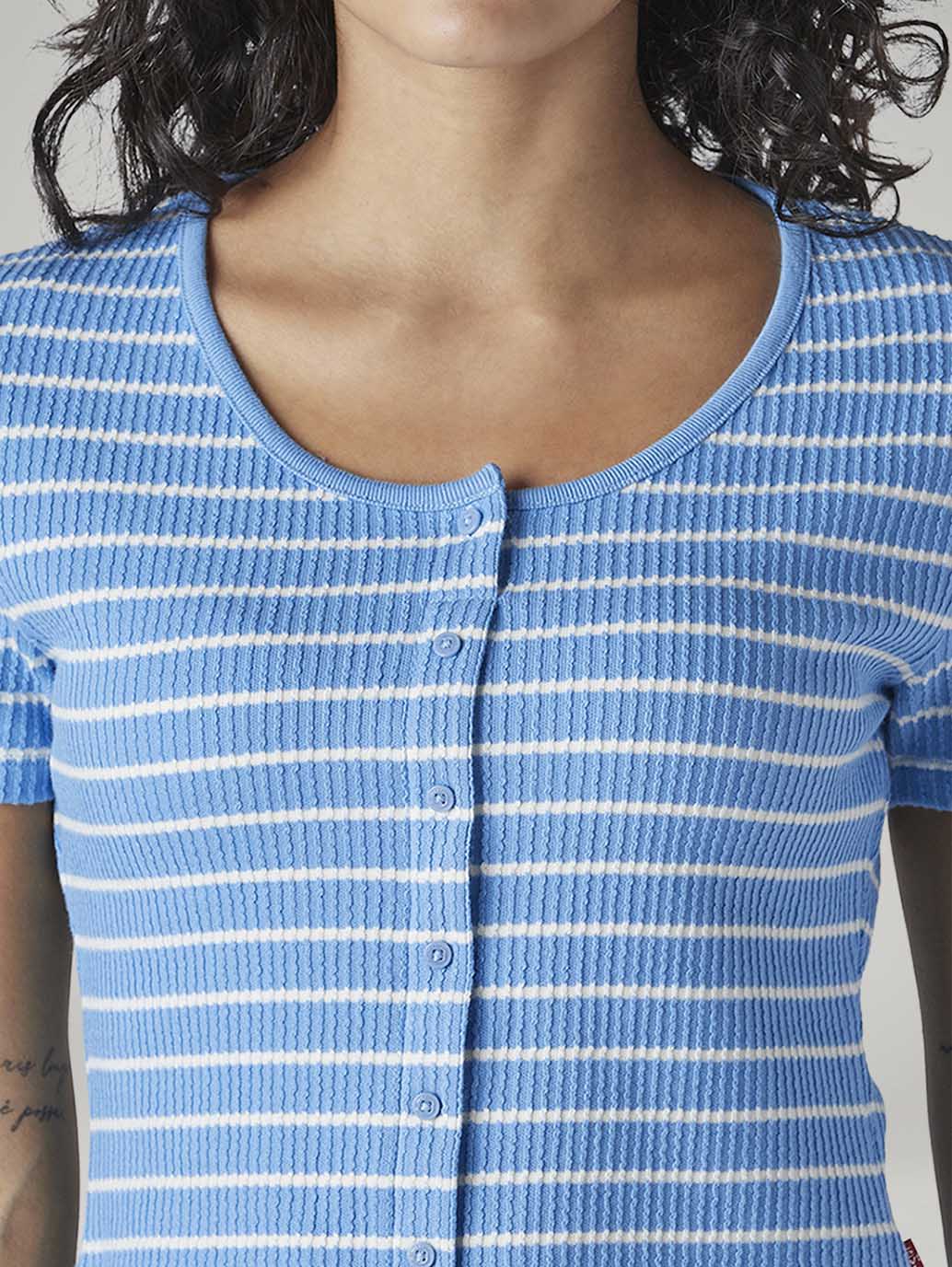 Women's Striped Blue Round Neck Top - Detail View