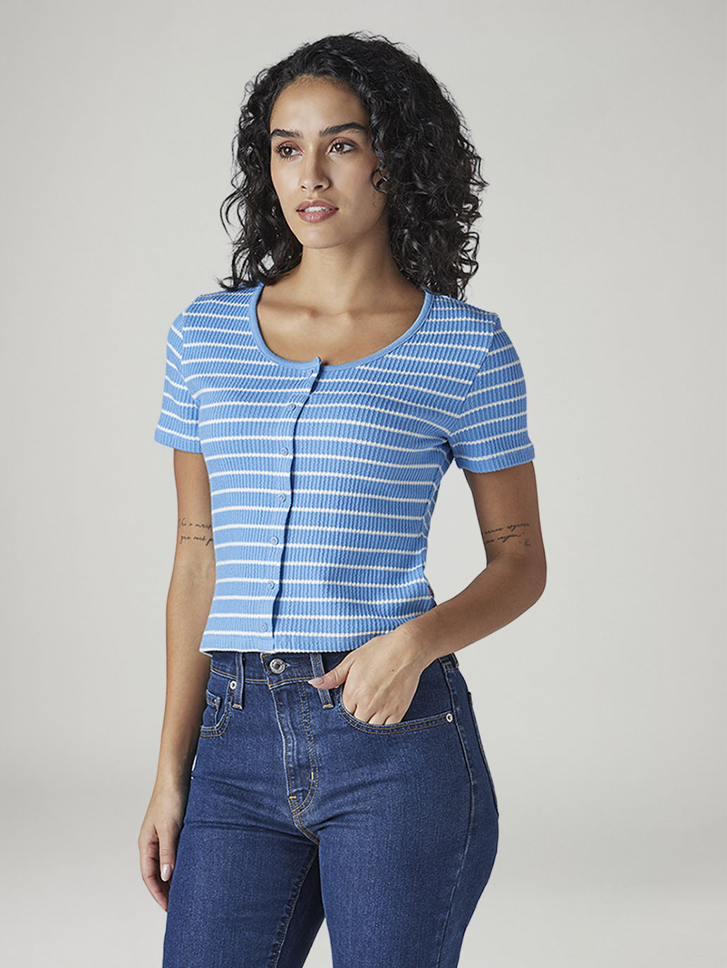Women's Striped Blue Round Neck Top - Side View