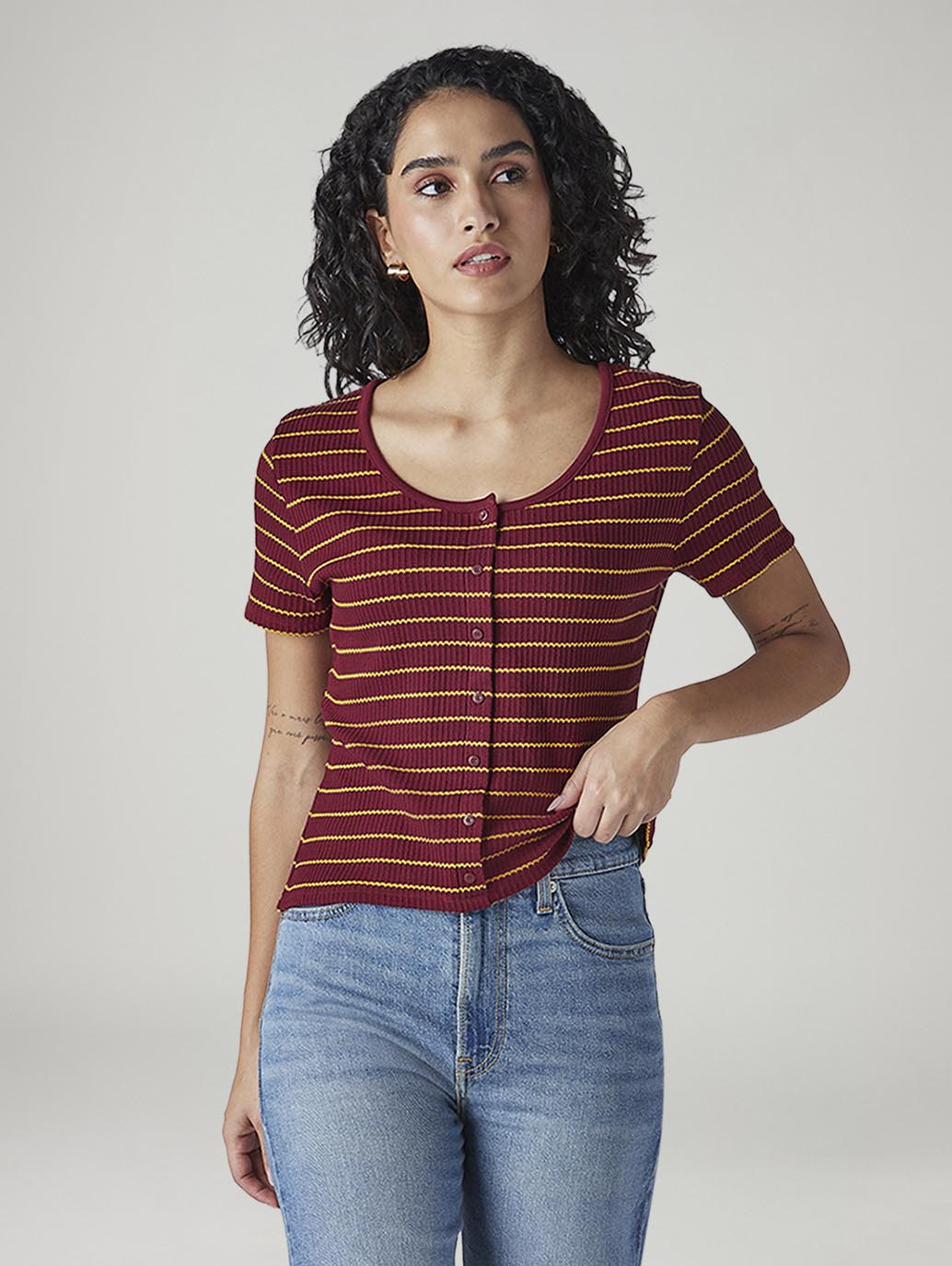 Women's Striped Maroon Round Neck Top