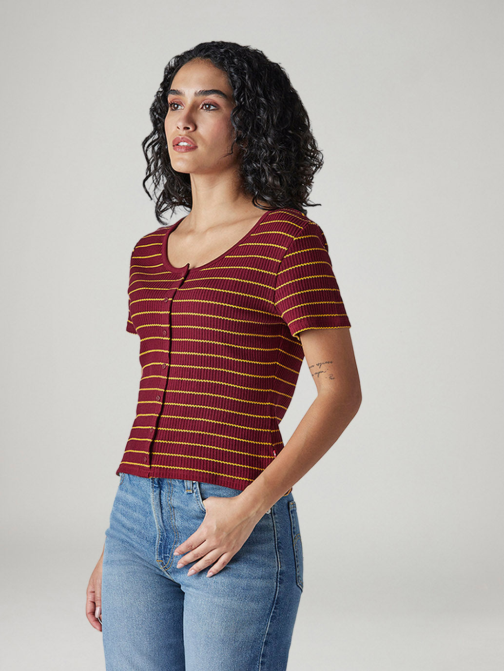Women's Striped Maroon Round Neck Top - 20 View