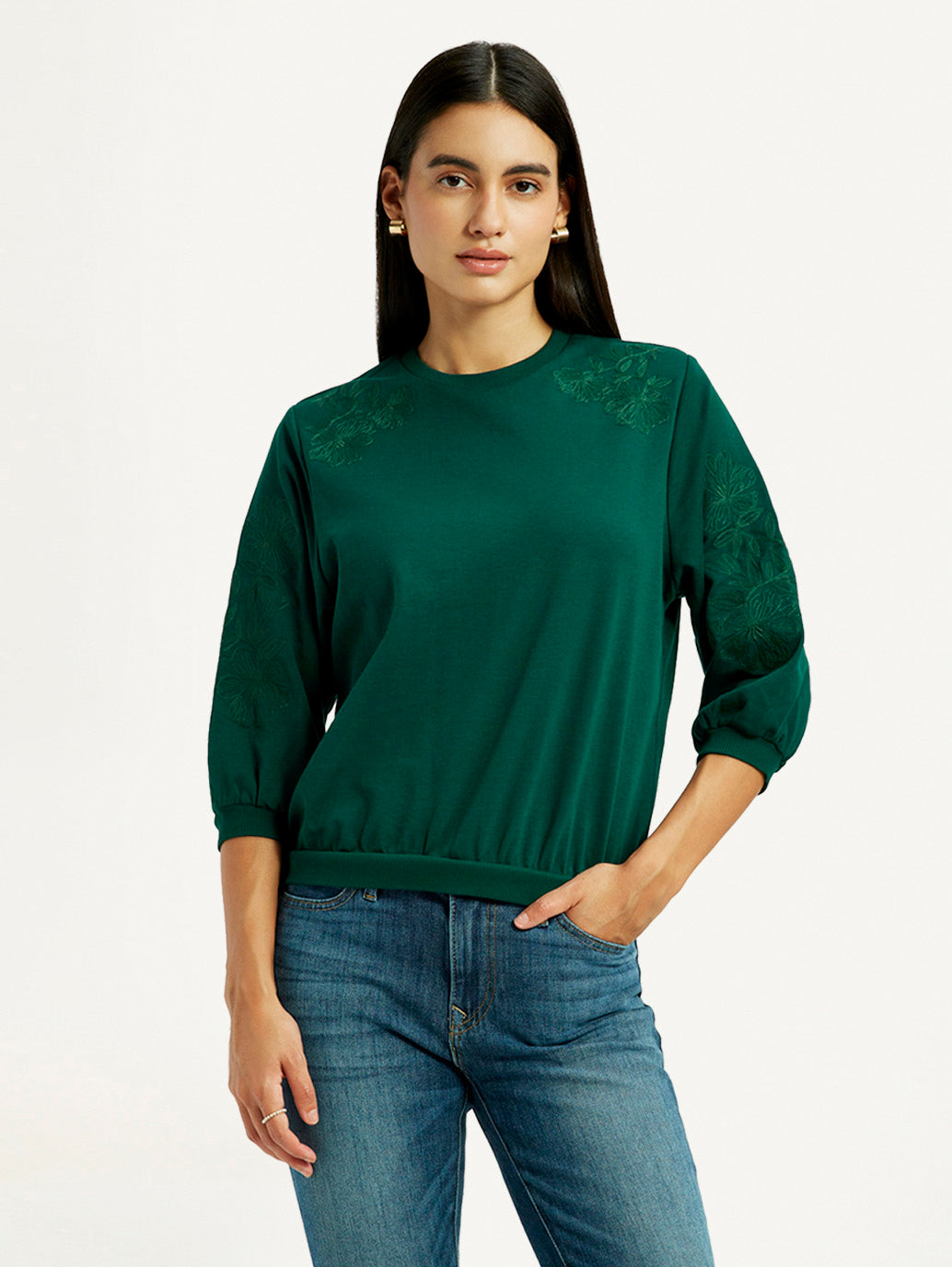 Women's Embroidered Dark Green Crew Neck Top