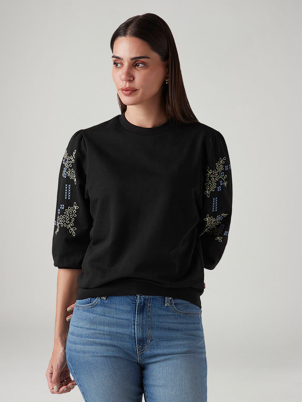 Women's Black Regular Fit Embroidery Top