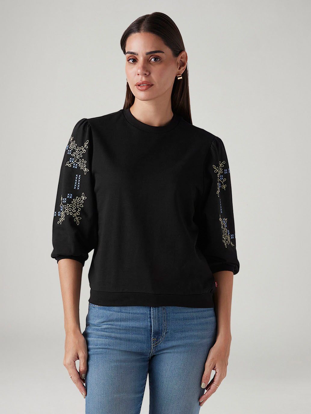 Women's Black Regular Fit Embroidery Top - Front View