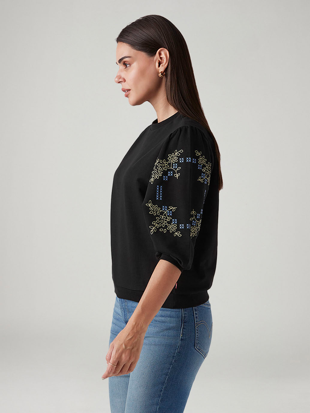 Women's Black Regular Fit Embroidery Top - Side View