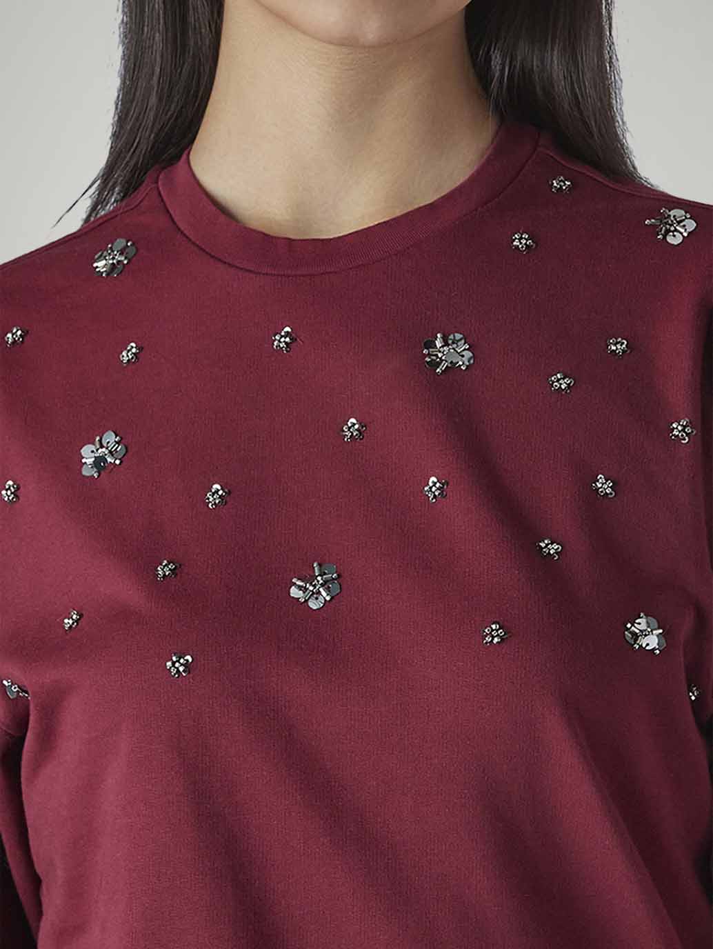 Women's Embellished Maroon Crew Neck Top - 20 View