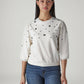 Women's Embellished Off White Crew Neck Top - Front View