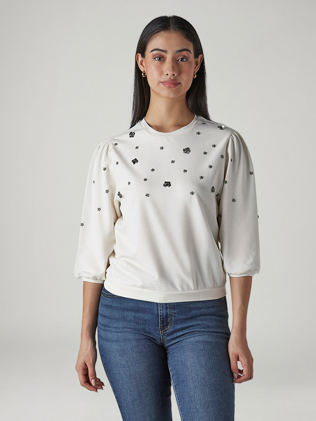 Women's Embellished Off White Crew Neck Top - Front View