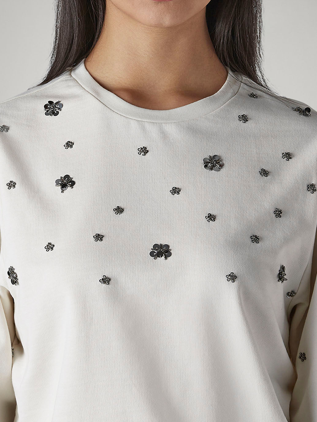 Women's Embellished Off White Crew Neck Top - Detail View