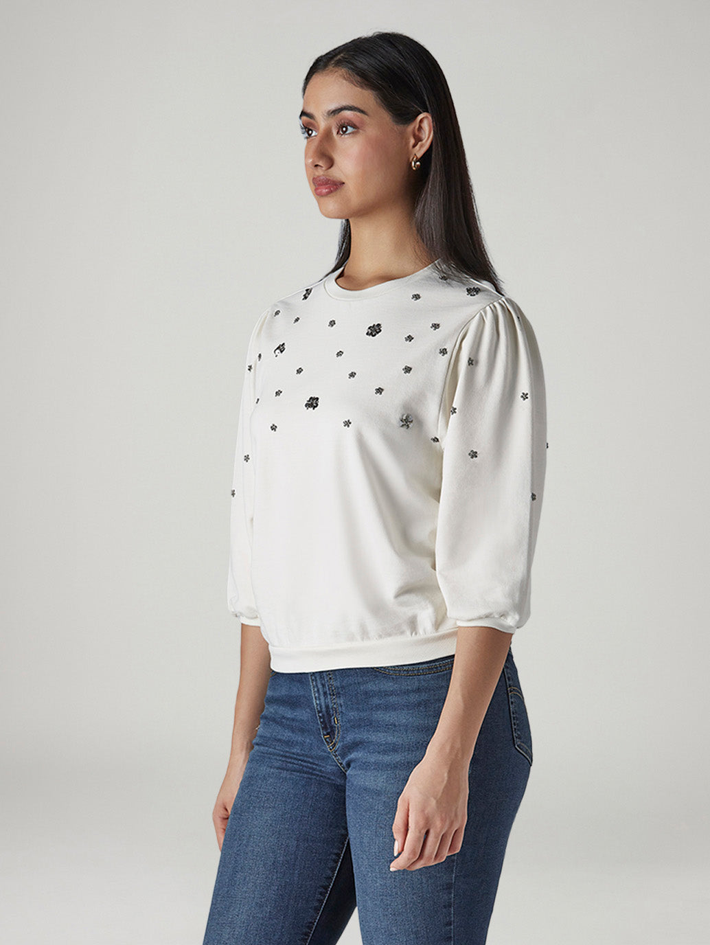 Women's Embellished Off White Crew Neck Top - Side View