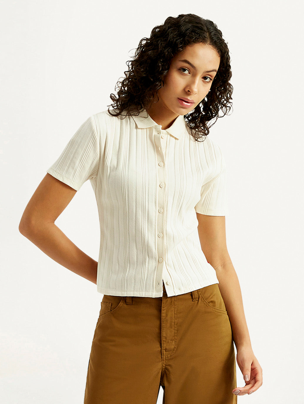 Women's Textured Slim Fit Ribbed Polo Shirt