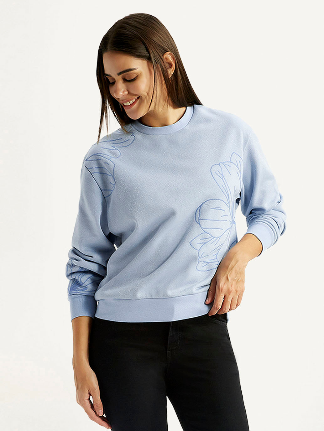 Women's Floral Blue Crew Neck Sweatshirt