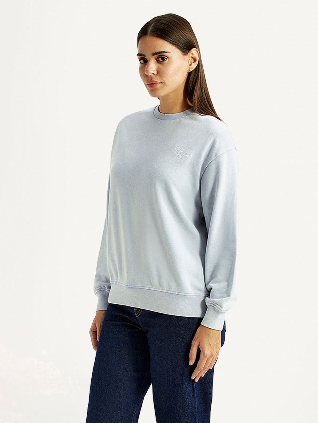 Women's Solid Light Blue Crew Neck Sweatshirt - Side View