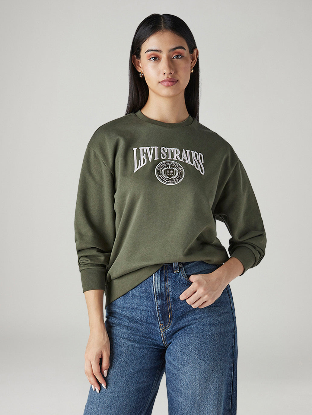 Women's Brand Logo Olive Crew Neck Sweatshirt