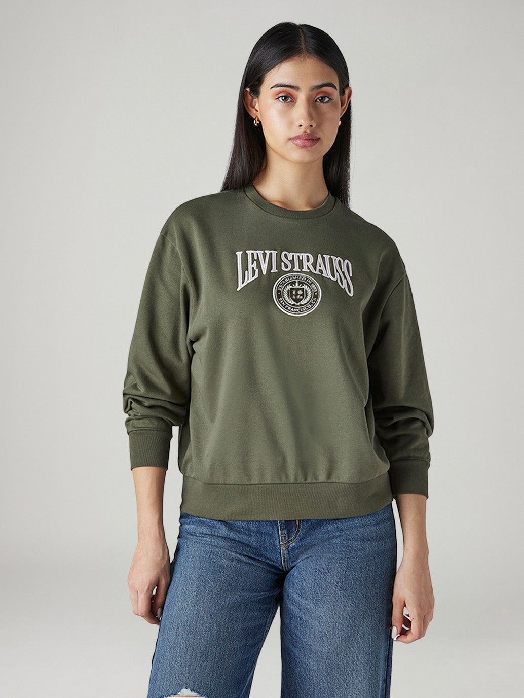 Women's Brand Logo Olive Crew Neck Sweatshirt - Front View