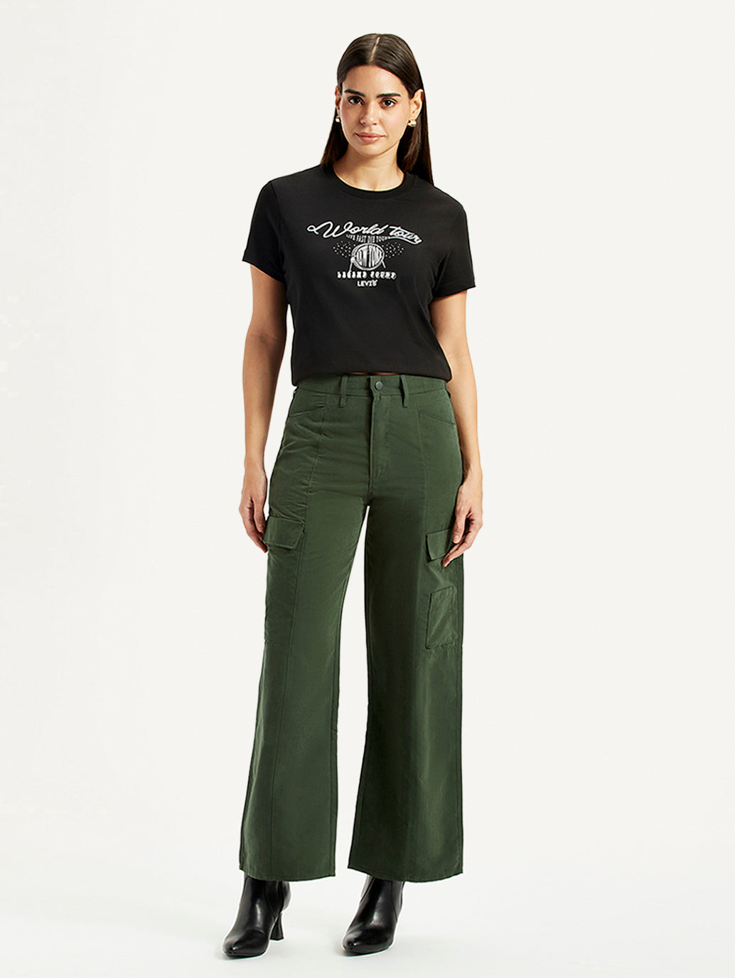 Women's High Rise Olive Green Wide Leg Fit Cargo Trouser