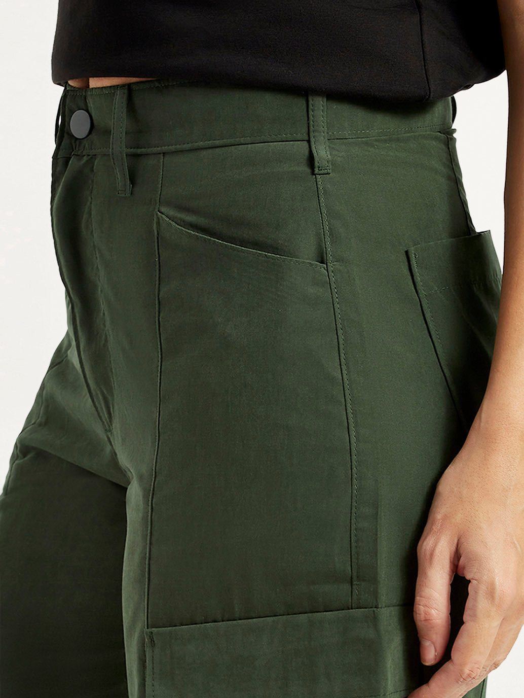 Women's High Rise Olive Green Wide Leg Fit Cargo Trouser - Detail View