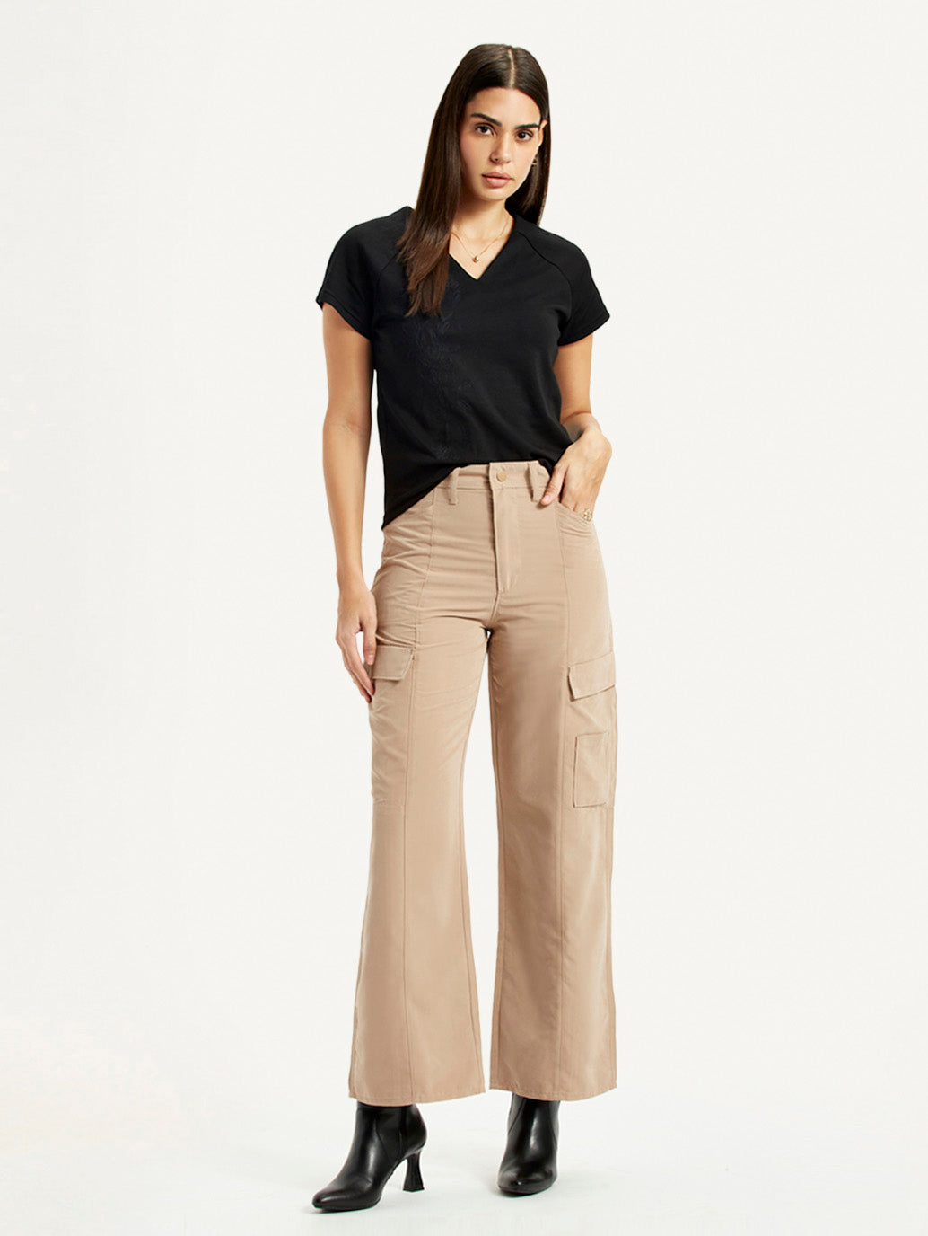 Women's High Rise Beige Wide Leg Fit Cargo Trouser