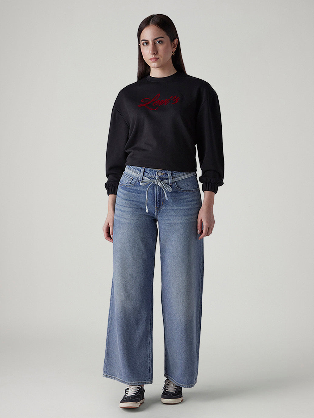 Women's Light Indigo Baggy Fit High Rise Cinched Jeans - Front View