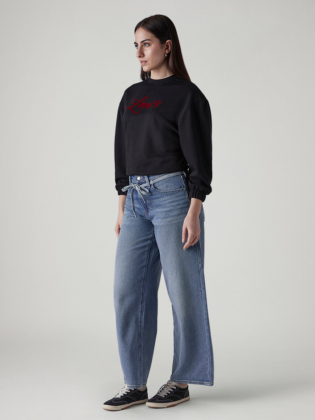 Women's Light Indigo Baggy Fit High Rise Cinched Jeans - Side View