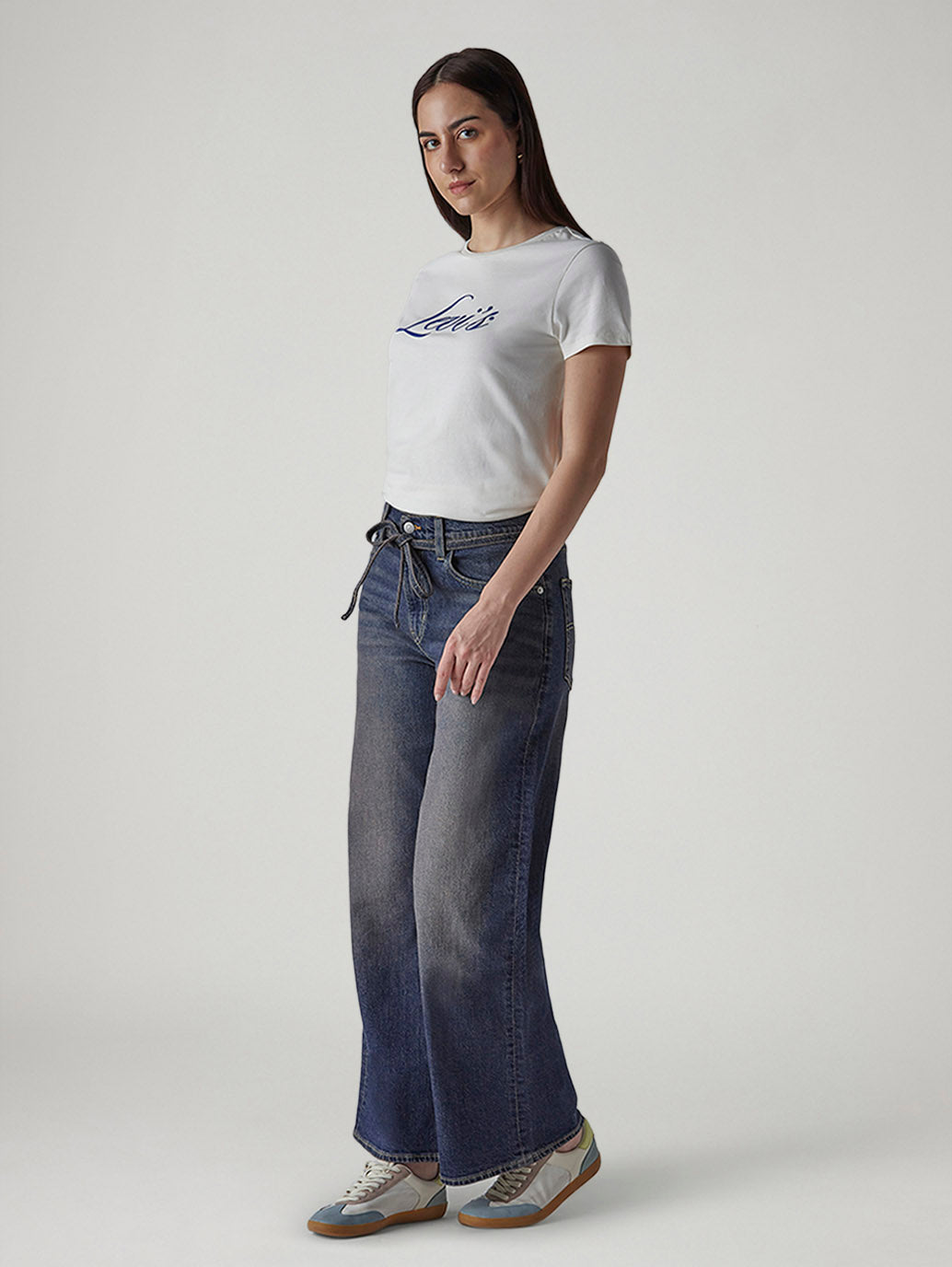 Women's Dark Indigo Baggy Fit High Rise Cinched Jeans - Side View