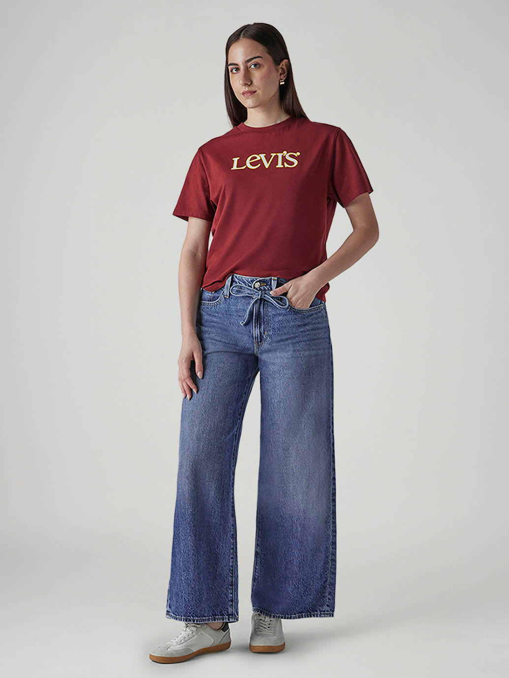 Women's Blue Baggy Fit High Rise Cinched Jeans