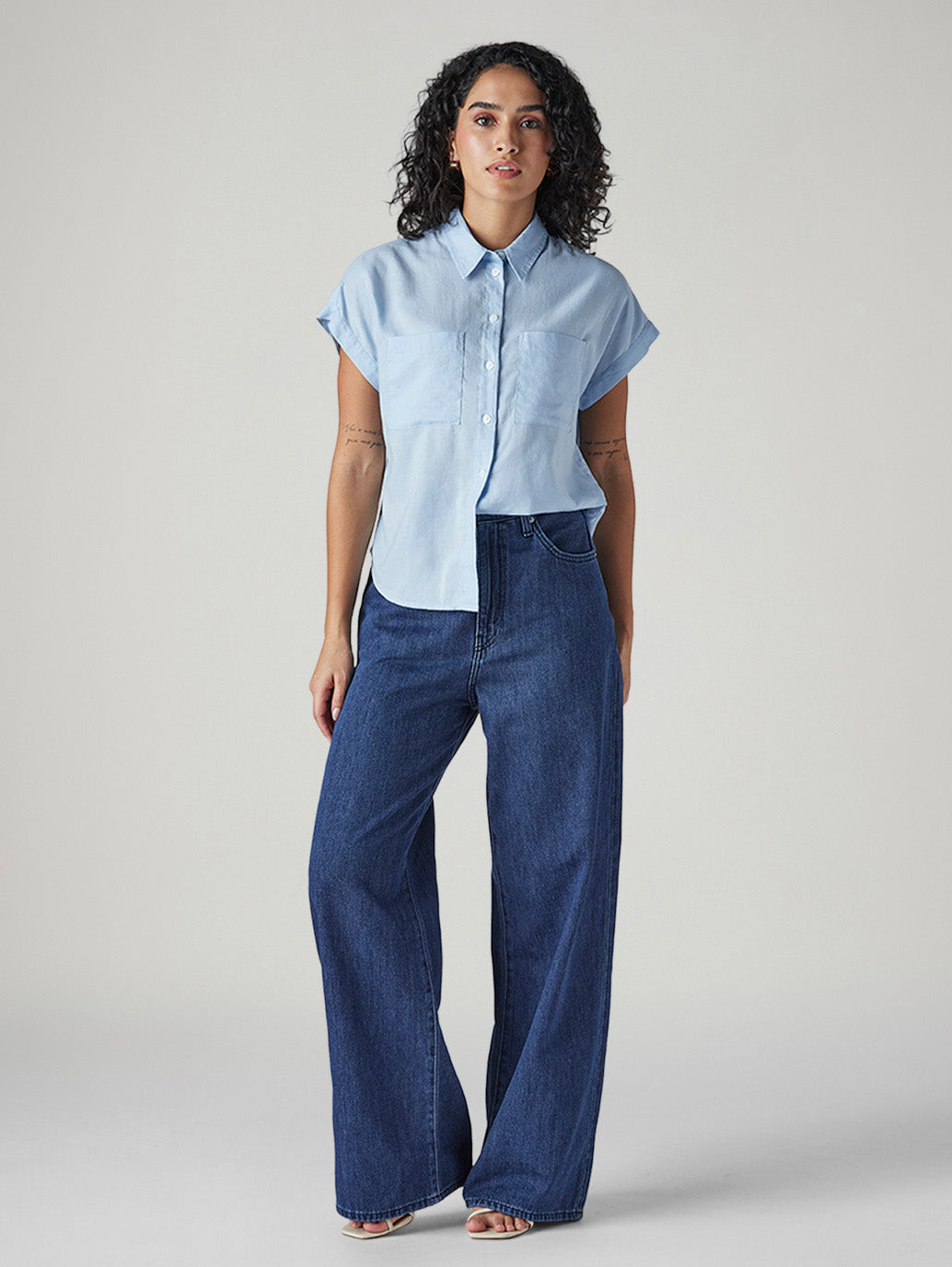 Women's Blue Baggy Fit High Rise Cinched Jeans