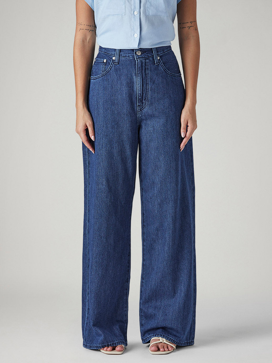 Women's Blue Baggy Fit High Rise Cinched Jeans - Front View
