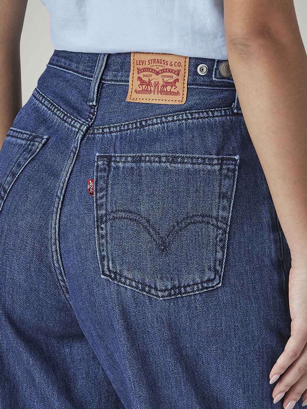 Women's Blue Baggy Fit High Rise Cinched Jeans - Detail View