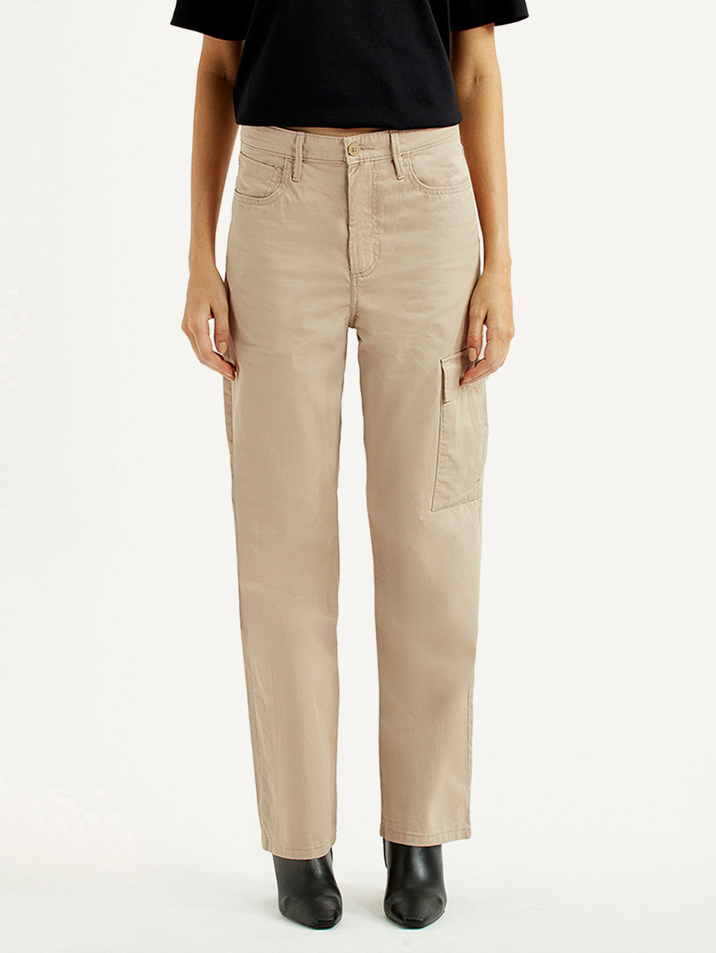 Women's High Rise Beige Ribcage Straight Fit Cargo Trousers - Front View