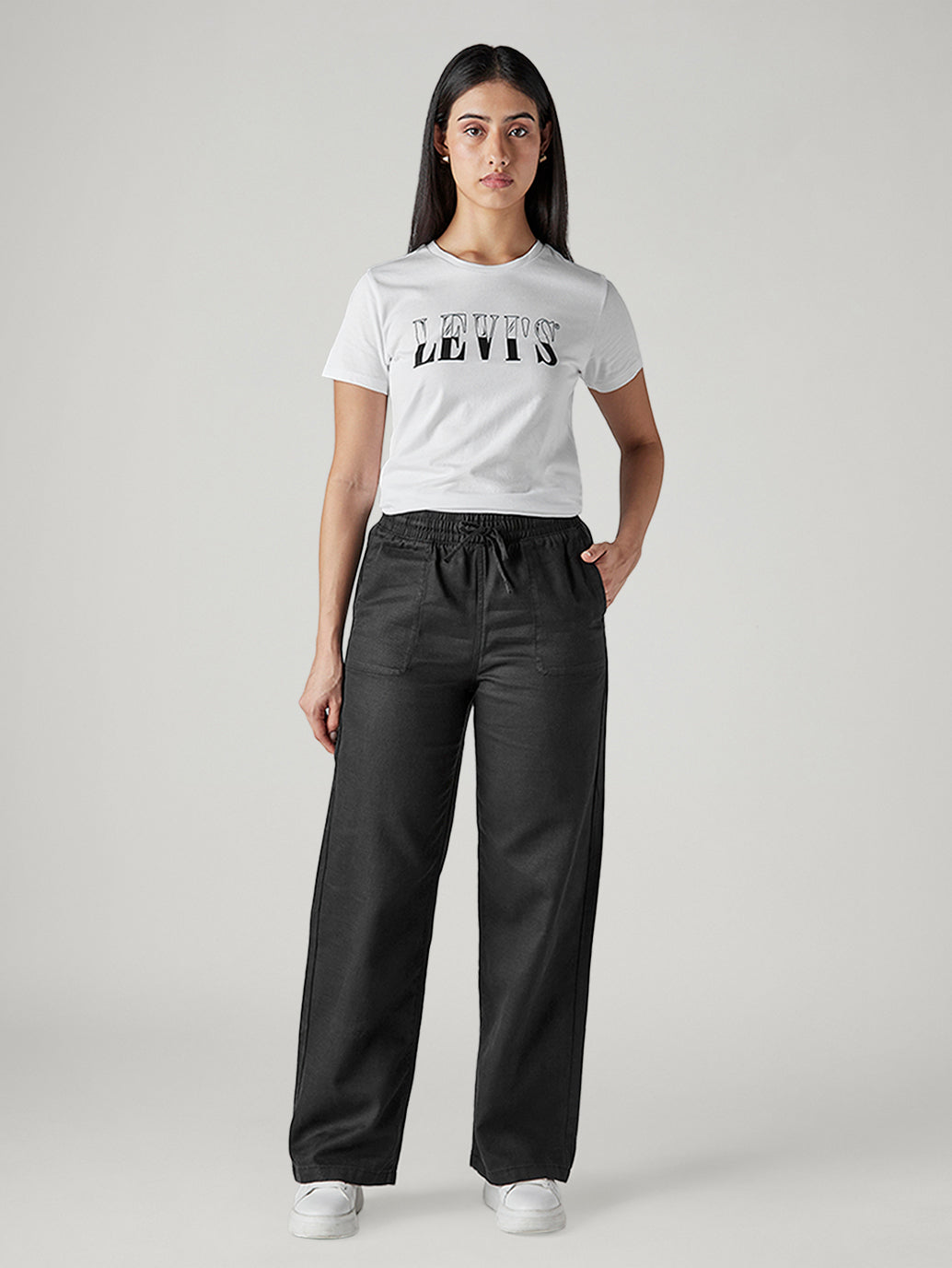 Women's Black Straight Fit Mid Rise Cargos - Front View