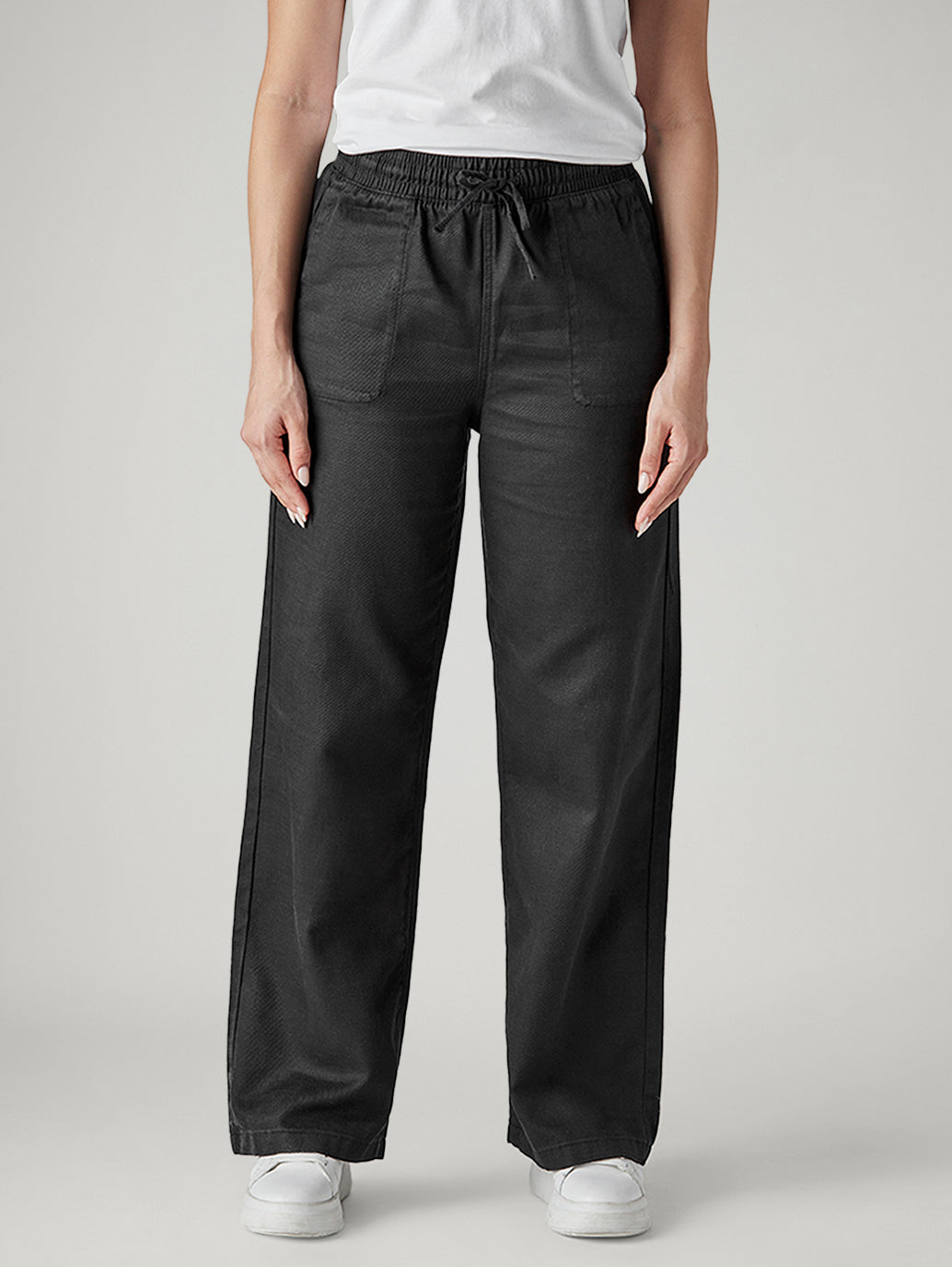 Women's Black Straight Fit Mid Rise Cargos - Front View