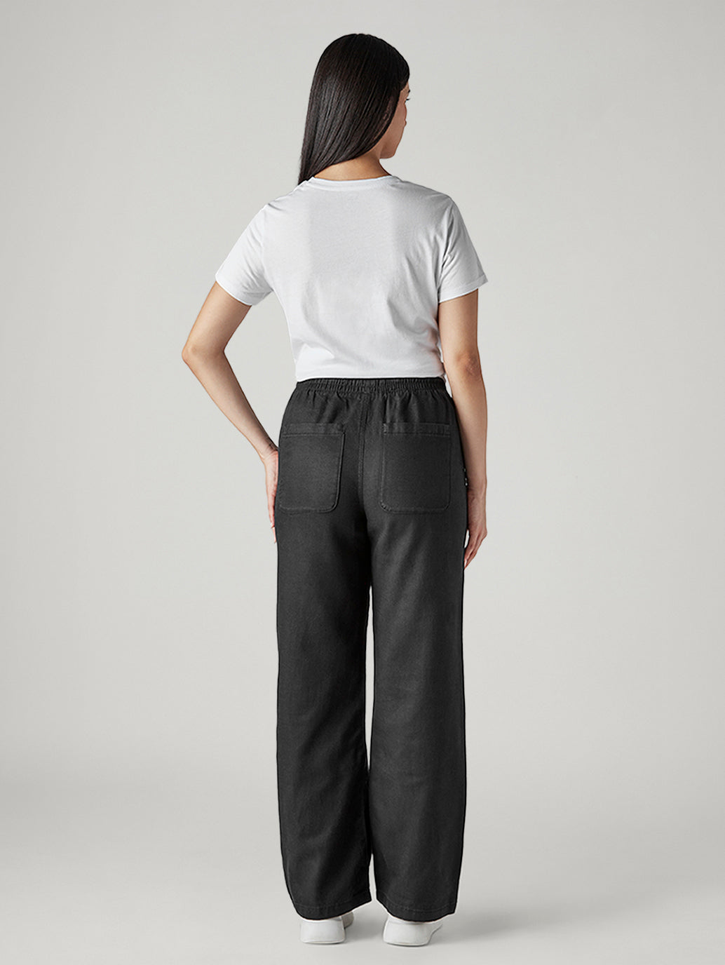 Women's Black Straight Fit Mid Rise Cargos - Back View