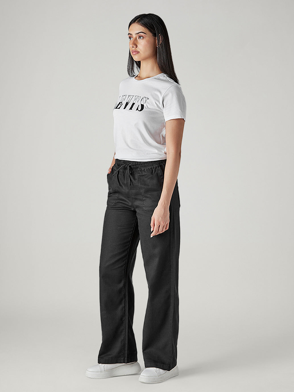 Women's Black Straight Fit Mid Rise Cargos - Side View