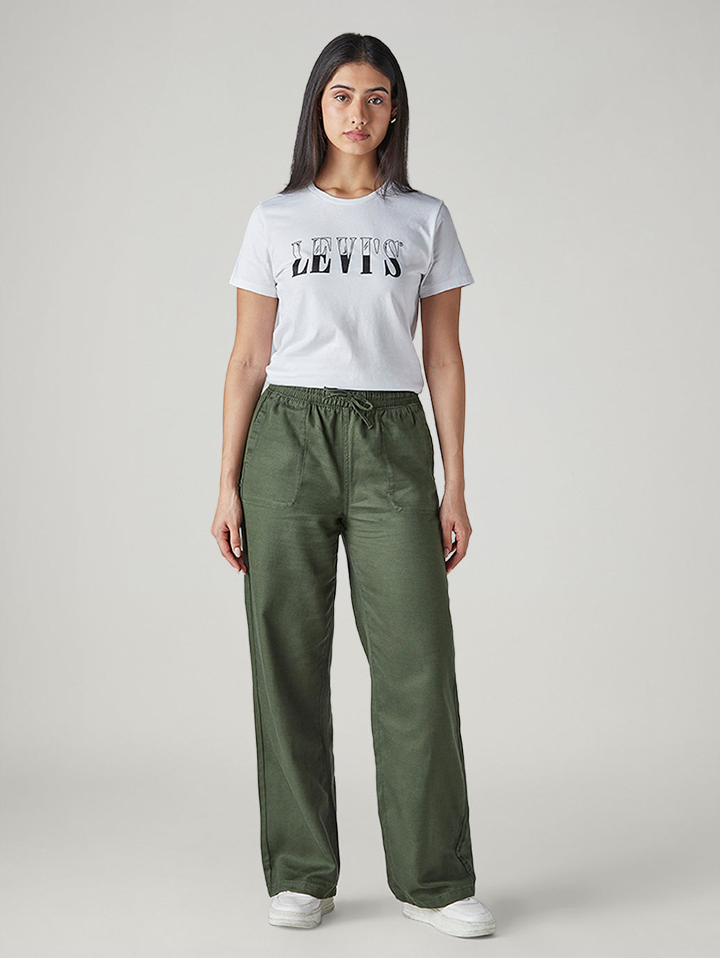 Women's Olive Straight Fit Mid Rise Trousers - Front View