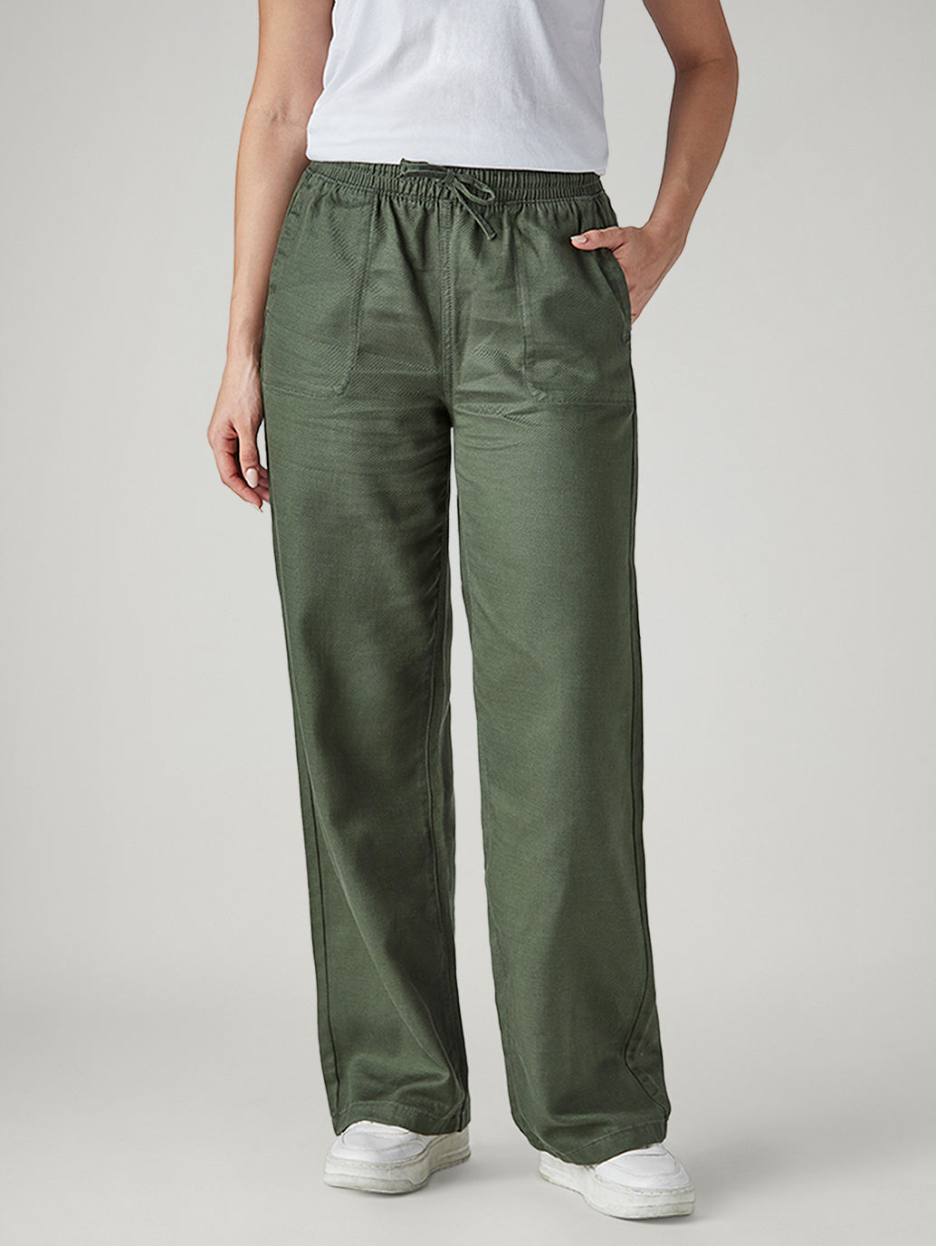 Women's Olive Straight Fit Mid Rise Trousers - Front View