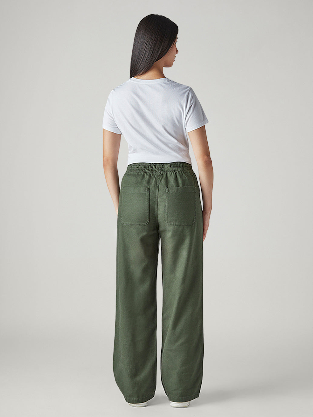 Women's Olive Straight Fit Mid Rise Easy Trousers - Back View