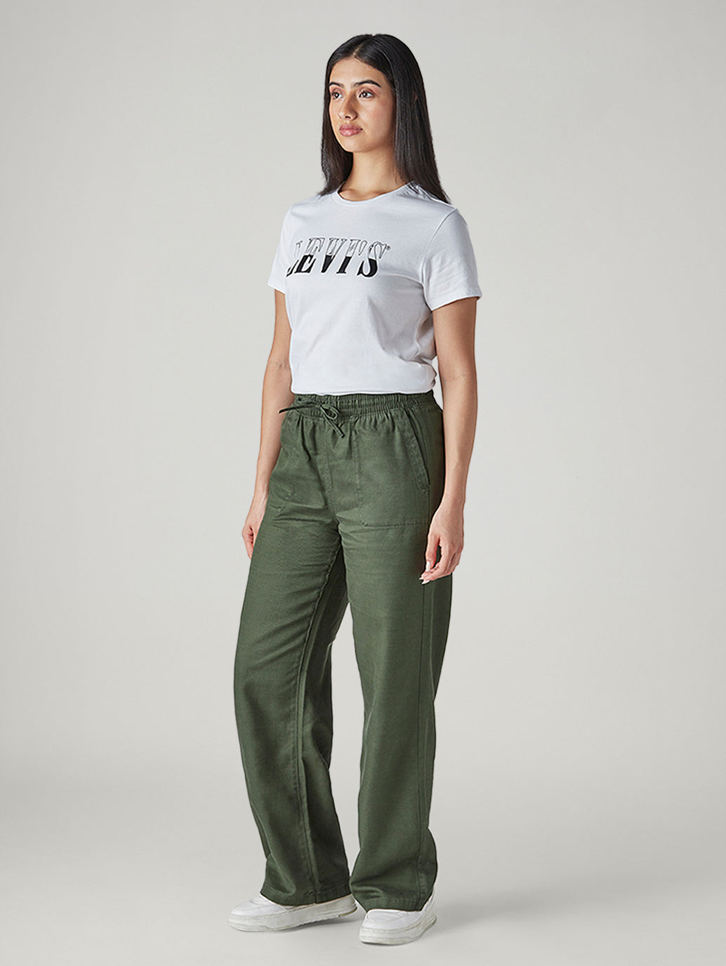 Women's Olive Straight Fit Mid Rise Trousers - Side View