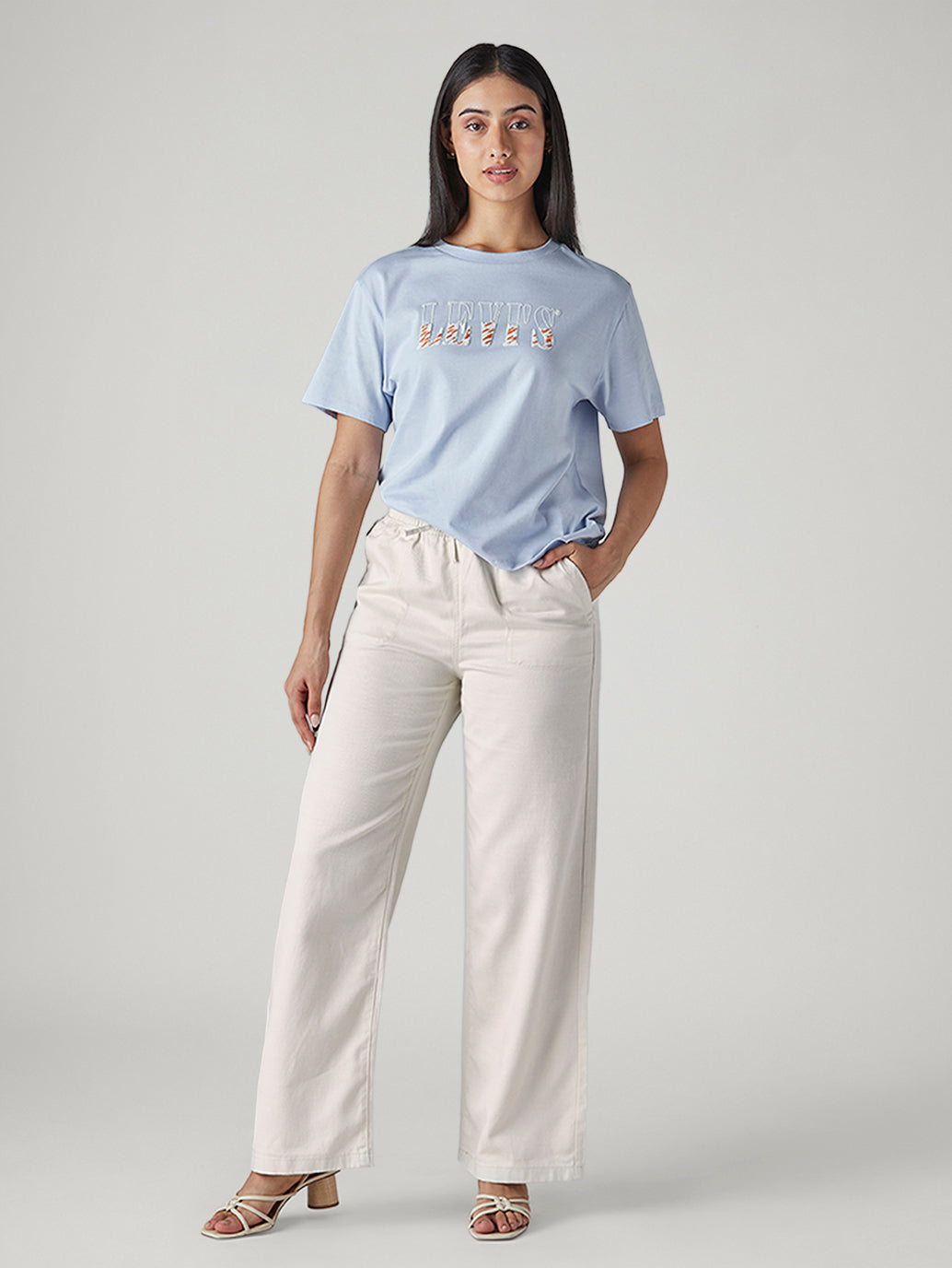 Women's Off White Straight Fit Mid Rise Trousers