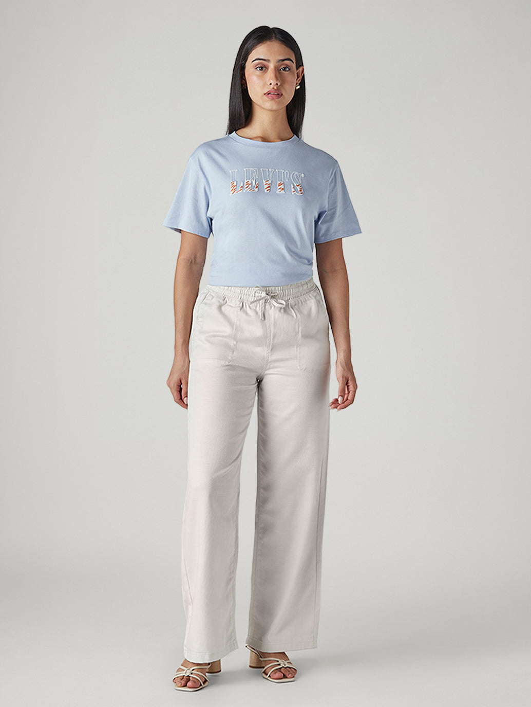 Women's Off White Straight Fit Mid Rise Trousers - Front View