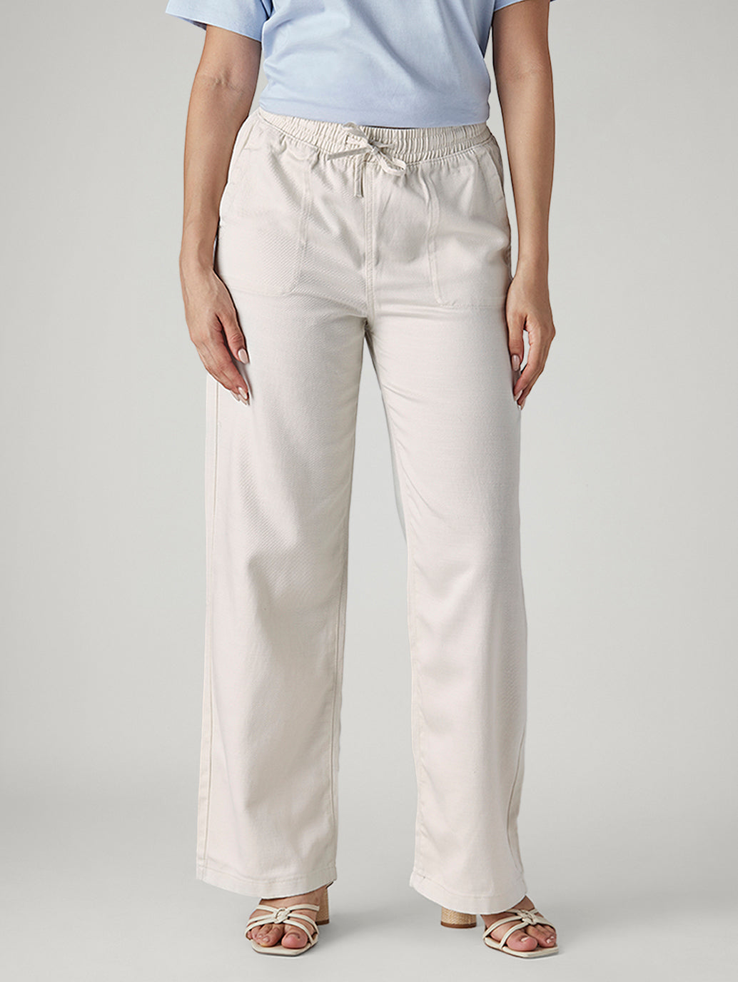 Women's Off White Straight Fit Mid Rise Trousers - Front View