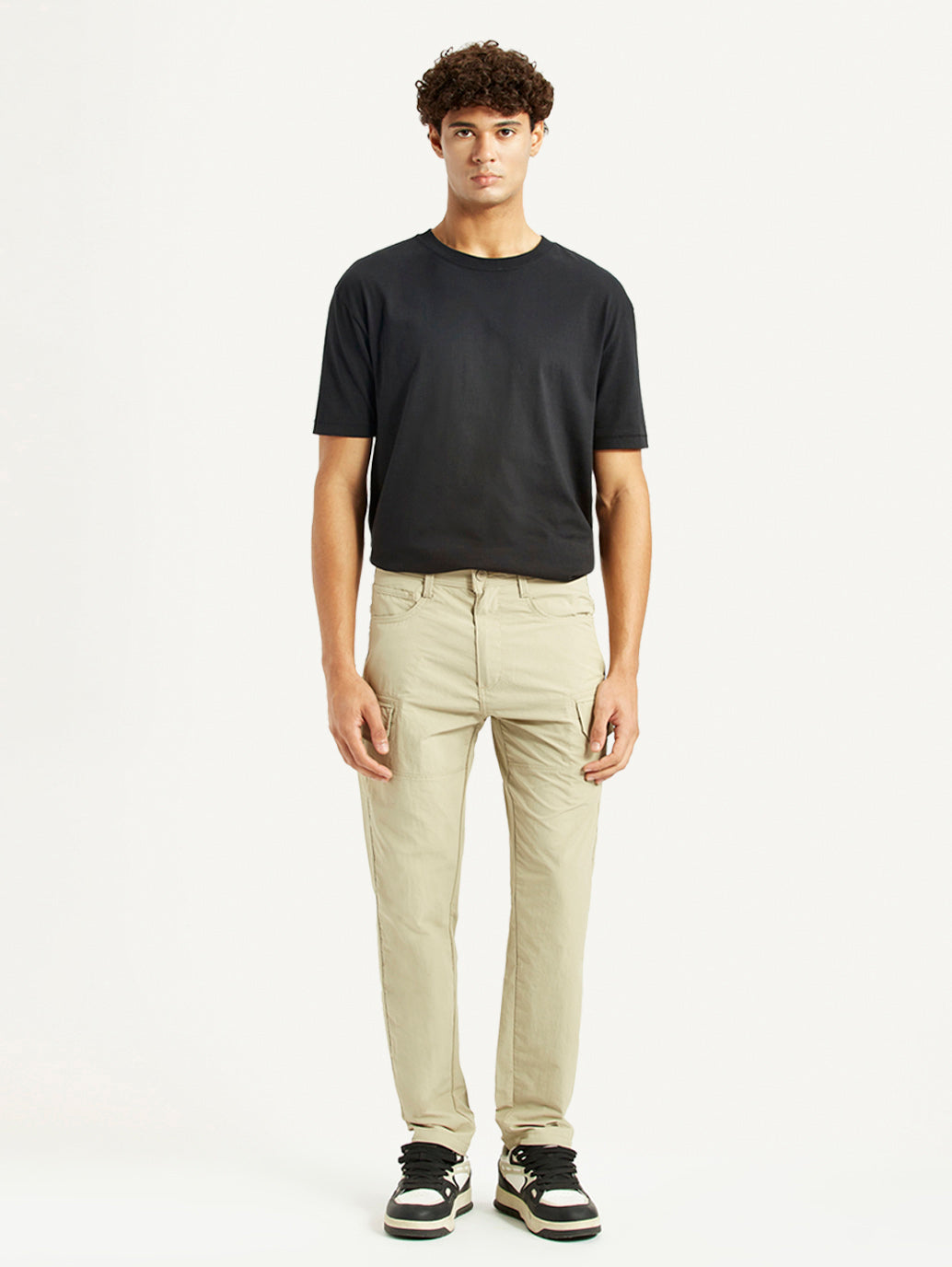 Men's Beige Slim Fit Mid Rise Cargo Trousers - Front View