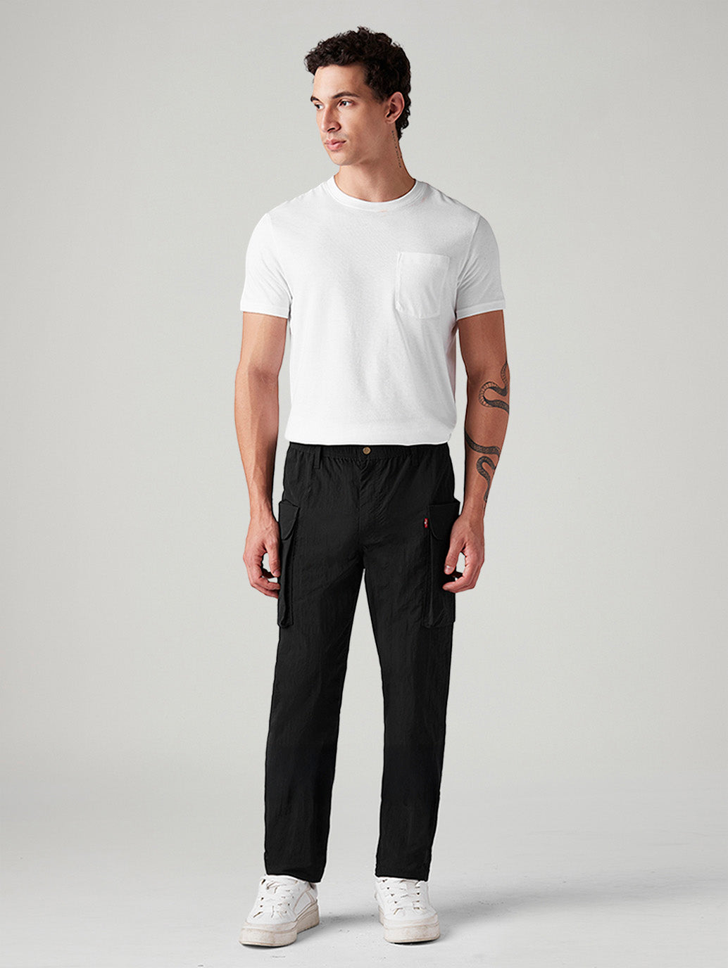 Men's Black Authentic Relaxed Straight Fit Mid Rise Commuter Cargos - Front View