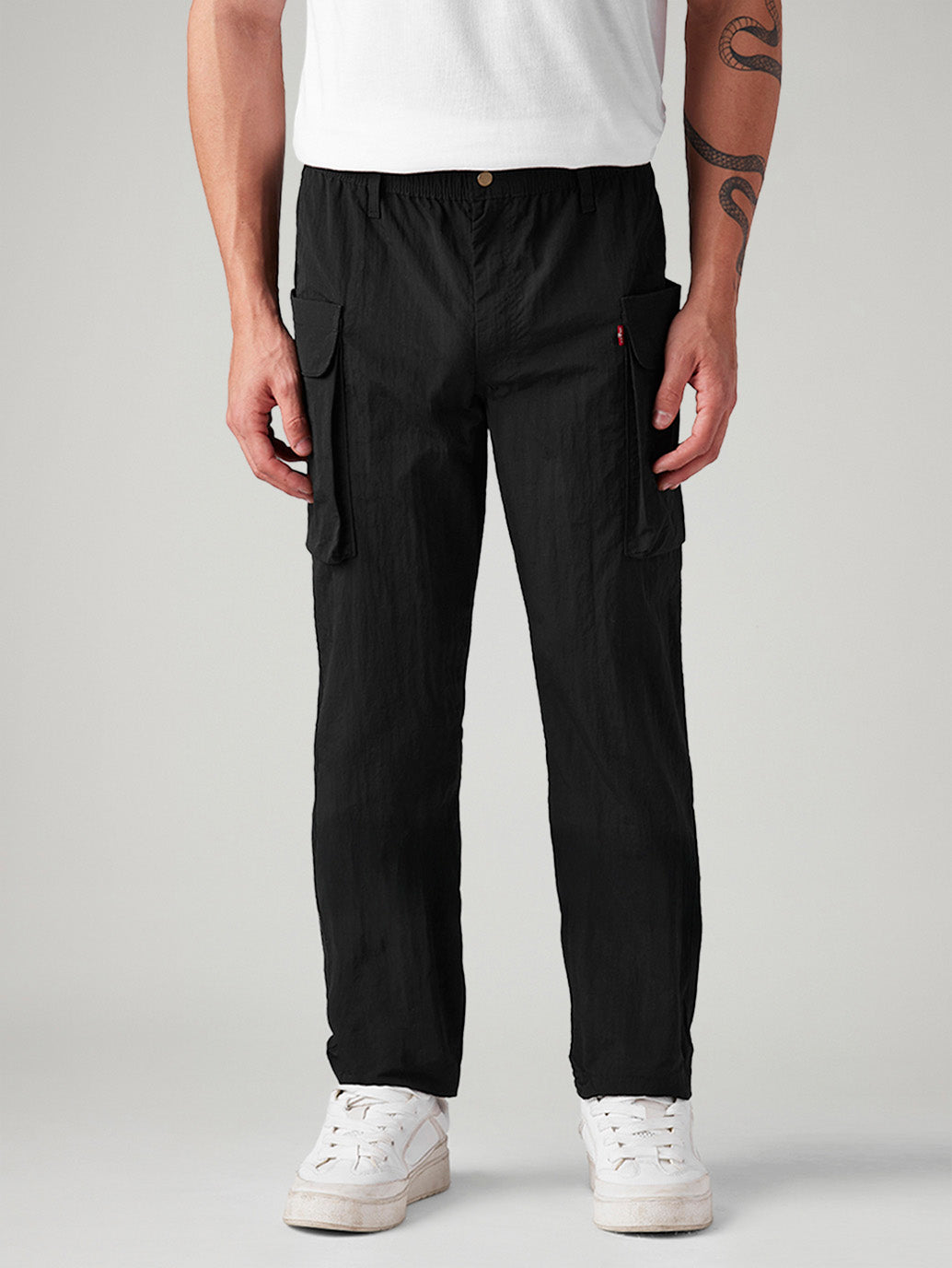 Men's Black Authentic Relaxed Straight Fit Mid Rise Commuter Cargos - Front View