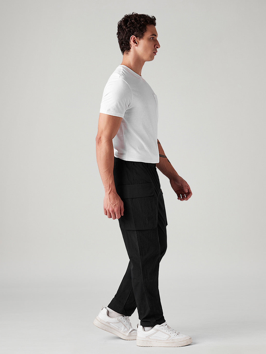 Men's Black Authentic Relaxed Straight Fit Mid Rise Commuter Cargos - Side View