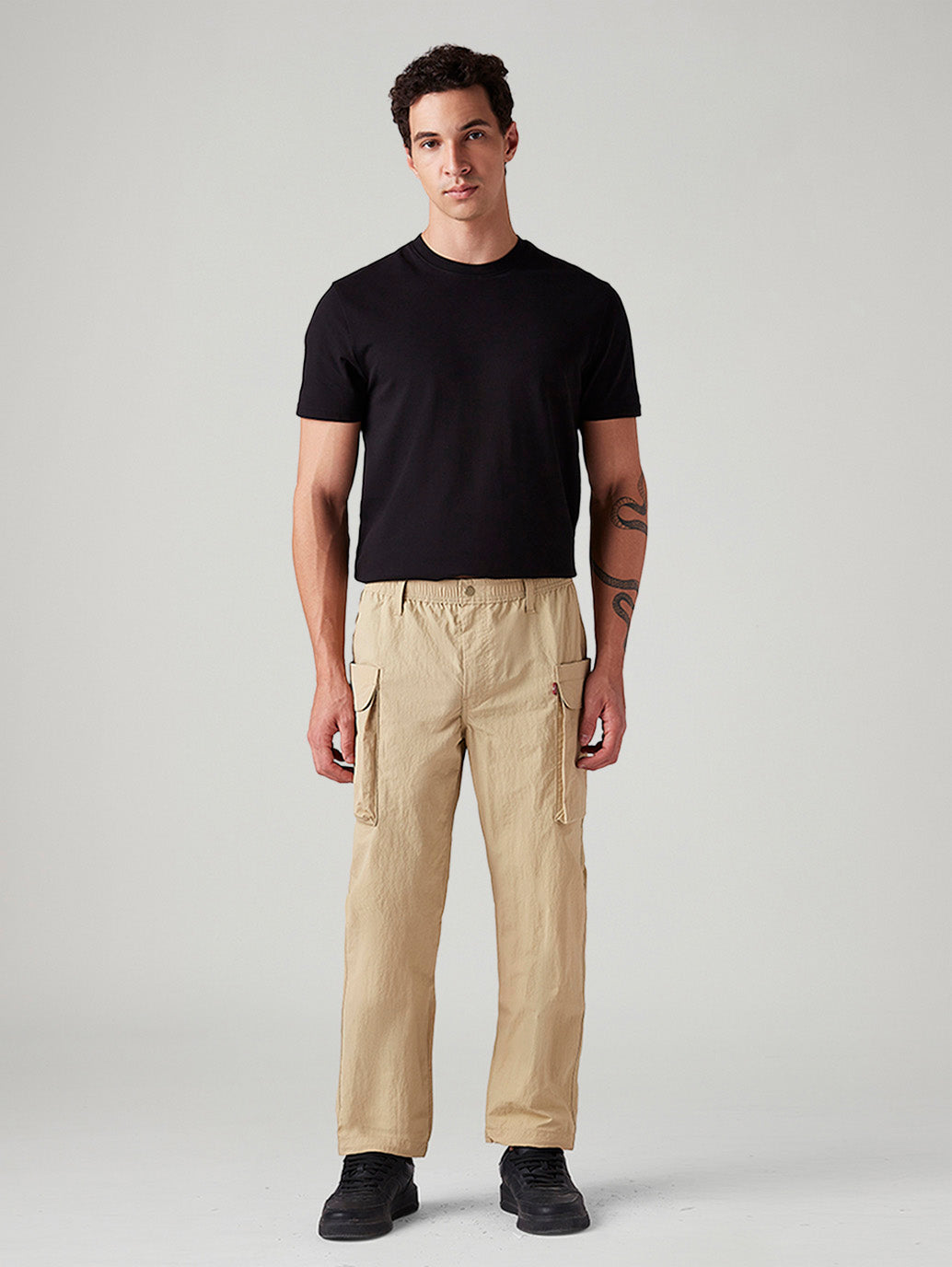 Men's Beige Authentic Relaxed Straight Fit Mid Rise Commuter Cargos - Front View