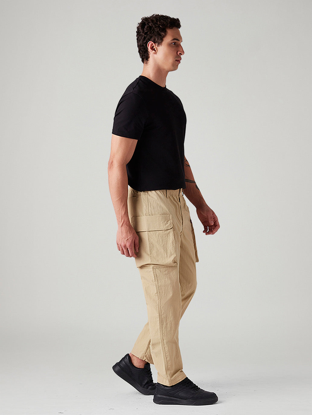Men's Beige Authentic Relaxed Straight Fit Mid Rise Commuter Cargos - Side View